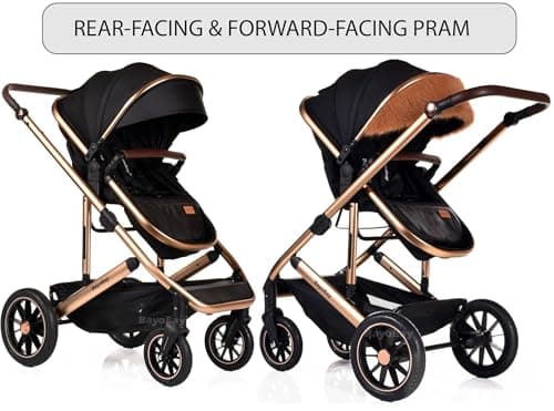 Baby 3 in 1 Travel System Pram with Car Seat Stroller 3 in 1 Buggy Pushchair Child Lightweight Folding Stroller Pram for Newborns Toddlers from Birth (Black Gold Frame) — view 6