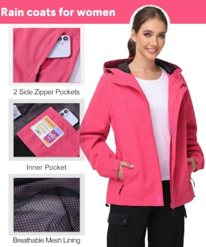 Huayuzh Womens Waterproof Jacket Rain Coats Lightweight Rose Red M — view 6