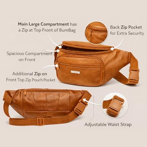 Woodland Leathers Genuine Leather Bum Bag, Durable Waterproof Waist Bag for Men and Women, Ideal for Travel, Festivals, Dog Walking, Fashion Bum Bag and Running Fanny Pack (Tan 6) — view 2