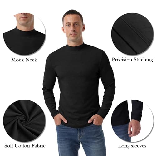Hisir Men's Thermal Top, Mock Neck Cotton Base Layer Layer, Black, L — view 4
