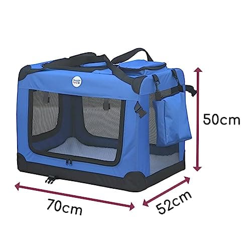 HugglePets Foldable Fabric Pet Crate Carrier - Blue (Large 70 x 52cm) Lightweight & Ventilated Double Door Carrier for Dogs & Cats with Sheepskin Mat. Ideal for Home & Travel. — view 6