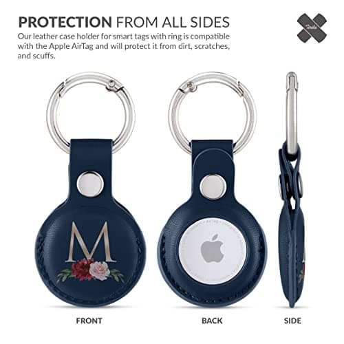 Tirita Personalised Case Keyring Holder Compatible with Apple AirTag 1 & 2 - Leather Case with Key Ring for Apple Air Tag [09- Roses Monogram Gold on Blue] — view 3
