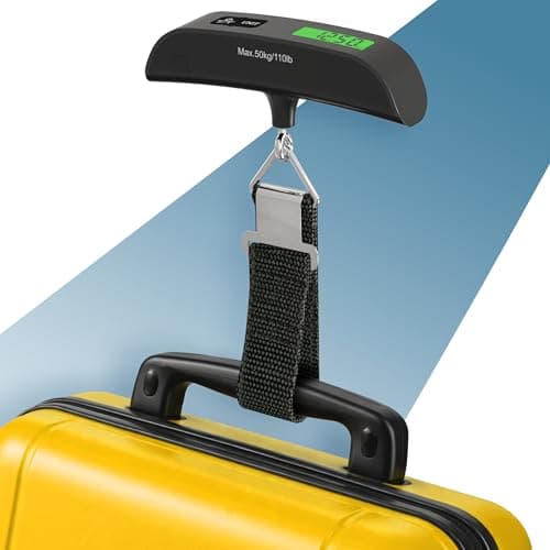 PORTENTUM Luggage scale digital with LCD display – Up to 110 lb – Automatic weight lock – Accurate suitcase weight for travel essentials – Suitcase weighing scales portable with temperature indicator