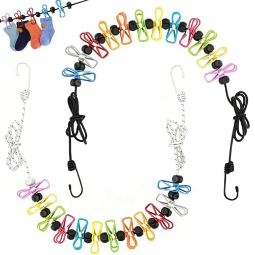 2 Pcs Travel Washing Line, Travel Clothes Line With 24 Clips, Elasticity Retractable Washing Line, Suitable for Outdoor Vacations, Bathrooms, Laundry Rooms, Gardens, or Travel (Black/White Rope)