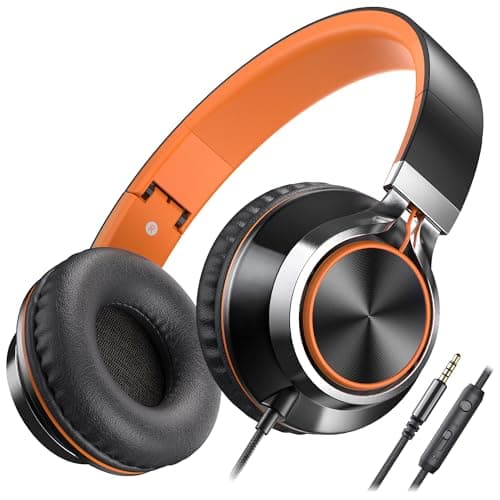 Ailihen C8 Headphones Wired with Mic, Headsets for Kids, Black Orange