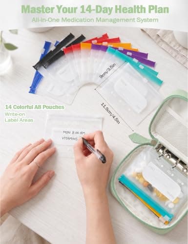 Waterproof Pill Organiser Set with 14 Pouches for Travel, 7 or 14 Day Medicine Case, Waterproof PU Leather Holder with Large, Colour-Coded Resealable Bags for Holidays & Daily Use, Green — view 4