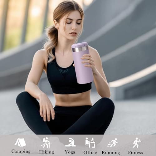 Insulated Travel Mug 350ml, Leakproof Stainless Steel Thermal Cup with Flip Lid - Keeps Hot 8 Hours/Cold 12 Hours, Vacuum Flask for Car, Office, Gym, Camping (Purple) — view 6