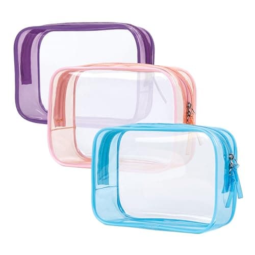 Sahunfri 3-Pack Clear Toiletry Bags Waterproof Gym & Weekend Trip Accessories Transparent PVC Cosmetic Organizers with Color Borders (Pink+Purple+Sky Blue)