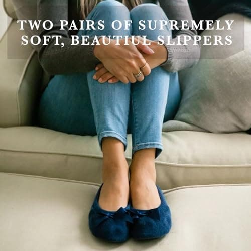 Isotoner Women's 2 Pack Mictroterry Ballerina Slipper with a Satin Bow, Light Grey Quilted, Navy Blue Solid, 6.5-7.5 — view 4