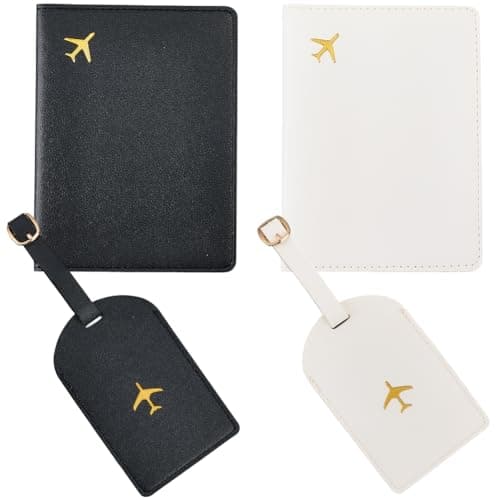 CALFOVERA 4PCS Mr and Mrs PU Leather Passport Covers Luggage Tags Honeymoon Plane Travel Holder Set Card Holder Books Case Protector Sleeve with Suitcase Travel ID Labels Black White for Couples Gift