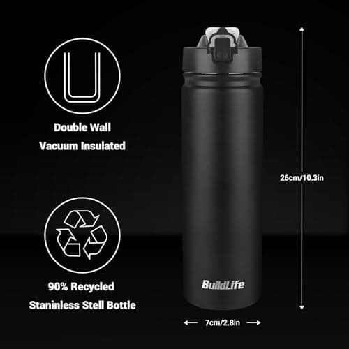 BuildLife 720ML Insulated Water Bottle with Straw,Leak Proof Double Walled Stainless Steel Metal Sports Water Bottles, BPA Free,Dishwasher Safe,Drinking Bottle for Travel,School,Gym (Black) — view 5