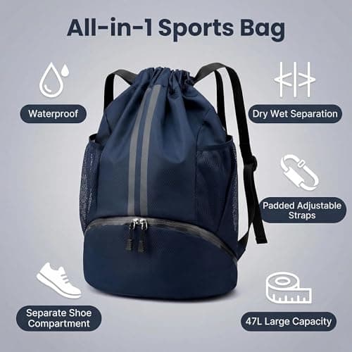SINJAETRQ Drawstring Gym Bag-Waterproof Sports Backpack with Shoe Compartment and Wet Dry Separation, Large Unisex Swimming Bag with Mesh Fabric and Adjustable Shoulder Straps — view 3