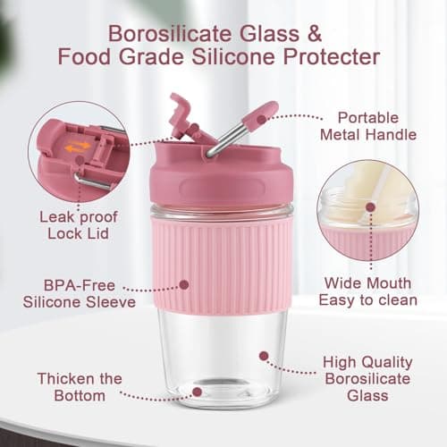 Sivaphe Reusable Glass Coffee Cup | 16oz/450ml Leakproof Travel Mug with Portable Metal Handle,Pink| Borosilicate Glass,Eco-Friendly,BPA-Free|Camping,Gifts,Car Mug,School — view 3
