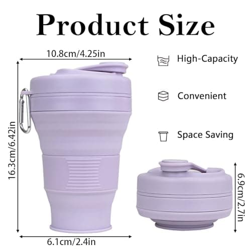 MORAINJAY Collapsible Coffee Cup with Lids,20oz/600ml Purple Silicone Portable Reusable Coffee Mug,Foldable Camping Travel Cup Fits in Your Pocket(Collapses to 7cm) — view 2