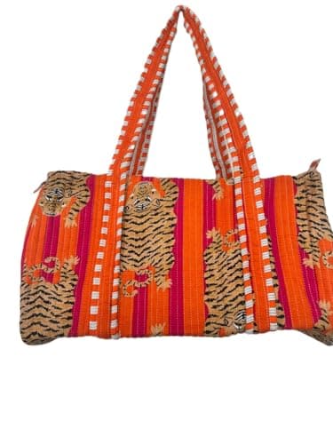 Tiger Print Orange Quilted Cotton Duffel Bag for Women – Spacious Travel, Gym & Weekend Bag with Strong Straps and Lightweight Design
