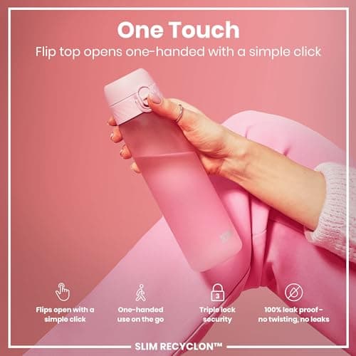 Ion8 Water Bottle, 500 ml/18 oz, Leak Proof, Easy to Open, Secure Lock, Dishwasher Safe, BPA Free, Hygienic Flip Cover, Carry Handle, Fits Cup Holders, Easy Clean, Carbon Neutral, Rose Pink — view 3