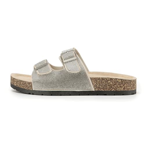 VIVASHOES Women’s Double Buckle Cork Footbed Sandals - Adjustable Flat Slide Sandals for Ladies - Comfortable Open Toe Summer Slippers with Glitter Finish - Silver UK 6 — view 3