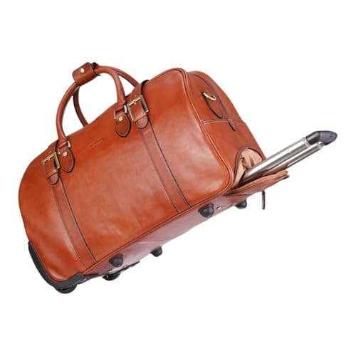 Genuine Leather Wheeled Travel Bag Large Rolling Duffle Weekender Business Carry On Suitcase - Tan 50 x 32 x 27 cm — view 6