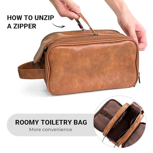 Elviros PU Leather Toiletry Bag for Men Water-Resistant, Brown-Large — view 5
