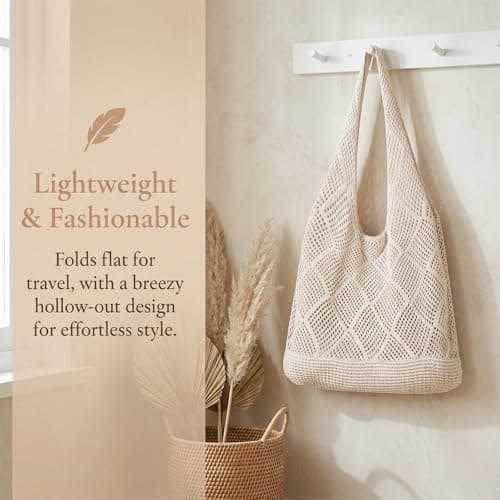 Solvio Crochet Boho Tote Bag, Shoulder Beach Tote, Women Knitted Handbags, Retro Hollow Woven Shoulder Bags, Woven Mesh Shopping Bag for Women's Summer Vacation — view 4