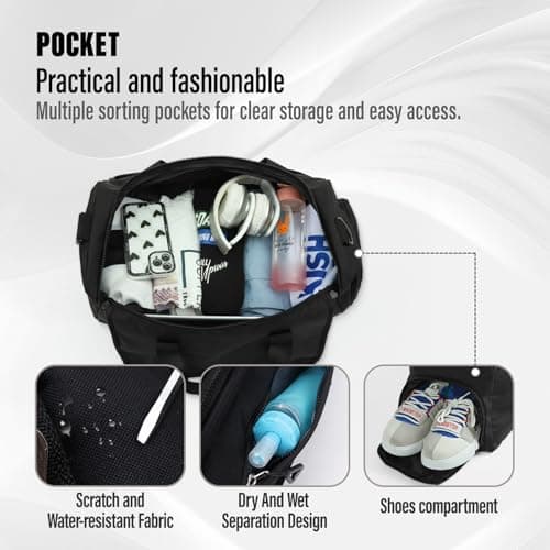 Viiotu Gym Bag with Shoe Compartment for Men Women, Water Resistant Oxford Fabric Duffle Bag with Wet Dry Pocket, Lightweight Sports Bag Travel Bag with Adjustable Strap for Fitness Weekend (Black) — view 3
