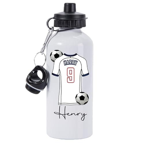 Pickhut Personalised Football 600ml White Aluminium Sports Water Bottle Back to School Gift for Kids, Customised with Name/Number/Text with Football Shirt White Jersey Kit (D22)