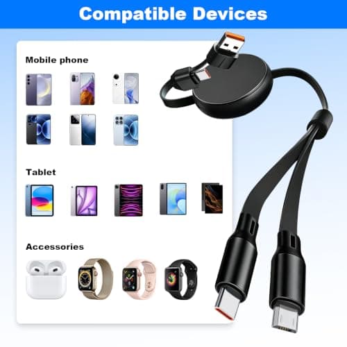 100W Retractable USB Multi Charger Cable, 6-in-1 1.1M Cable with USB A/C 5A Fast Charging Cables Type C/Phone/Micro USB for Phone 17,16,15 Serie,MacBook,Pad,Galaxy,Tablet,Huawei,Samsung — view 4