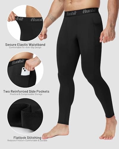 Runhit Men’s Running Leggings with Pockets, Gym Compression Pants Sports Tights, Thermal Base Layer Trousers for Jogging Golf Cycling Black L — view 4