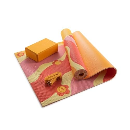MYGA Yoga Starter Set - 6mm Non-Slip Yoga Mat, Yoga Block and Strap - Starter Kit for Beginners in Pilates, Exercise and Fitness - Choice of Design (Groovy)