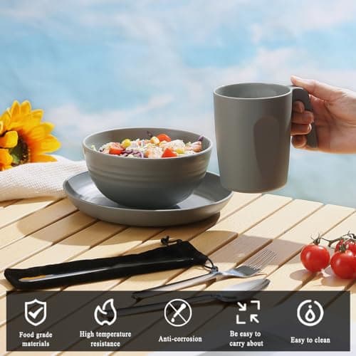 Camping Utensils, Reanea Camping Mess Kit for Travel, Camping, Picnic, Outdoor, Camping Gear Include Knife, Spoon, Fork Cutlery Set, Cup, Bowl, Plate, Camping Essentials for 1 — view 4