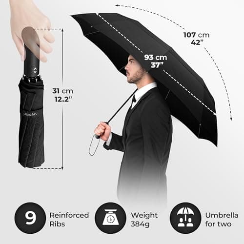 Umbrella Windproof Compact - Strong Storm Proof Frame + Auto Open Close | Women Mens Lightweight Small Travel Folding Golf Brolly + Double Canopy, Ergonomic Handle | Water Resistant Teflon Black — view 5