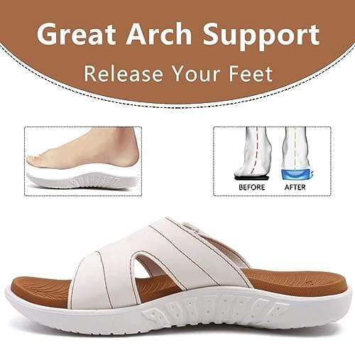 KuaiLu Womens Fashion Orthotic Sliders Ladies Lightweight Athletic Yoga Mat Sandals Slip on Thick Cushion Slippers Sandals with Comfortable Plantar Fasciitis Arch Support KhakiWhite 5 — view 6