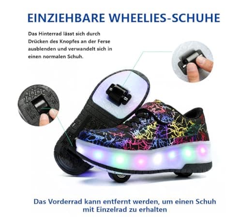 HUSKSWARE Kids Shoes with Wheels – LED Light-Up Roller Sneakers Boys Girls, Retractable Skating Trainers, USB Rechargeable Outdoor Sports Shoes EU 27-40 White Black Pink — view 6