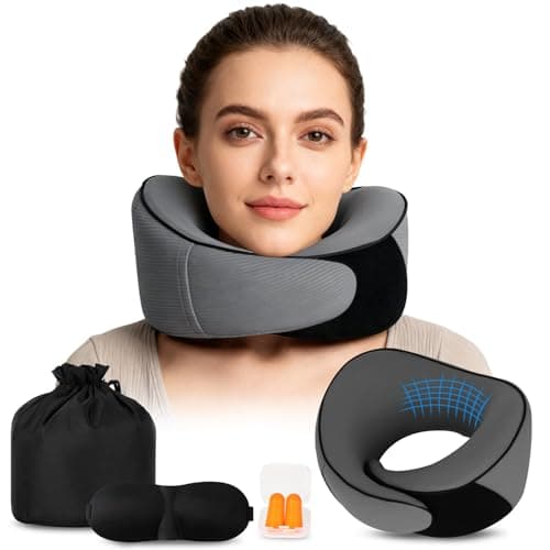Travel Pillow for Airplane, Memory Foam Neck Pillow Set for Travel with 360° Neck Support Include Eye Mask, Earplugs & Storage Bag, Adjustable Travel Pillow for Long Flights,Train,Car&Bussiness Trips