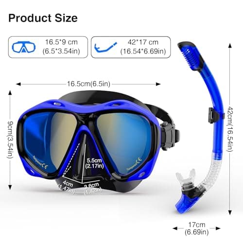 Snorkeling Gear for Adults, Snorkel Mask With Mirrored Tempered Glass Lens 180° Wide View Anti-Fog Scuba Diving Mask, Professional Snorkel Set for Swimming Diving (Black+Blue) — view 6
