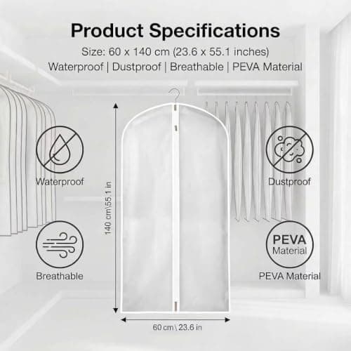GadSteam 5 Pack Dress Bags Covers Long,60 x 140cm Garment Bags for Hanging Clothes Protector Bag, Waterproof Dustproof Clothes Covers with Smooth Zip for Wedding Dresses, Suits, Long Coats, Jackets — view 2