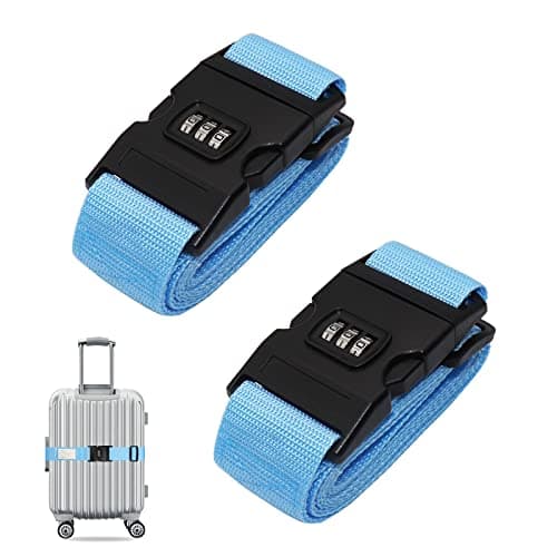 Luggage Strap, 2pcs Suitcase Straps with Password Lock Information Card, Adjustable Travel Packing Accessories Suitcase Belts with Buckle (Blue, 2 PCS Set)