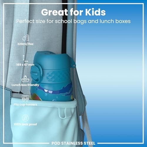 Ion8 Vacuum Insulated Steel Water Bottle, 320 ml/11 oz, Leak Proof, Easy to Open, Secure Lock, Dishwasher Safe, Carry Handle, Metal Water Bottle, ThermoShield Stainless Steel, Sea Turtle — view 2