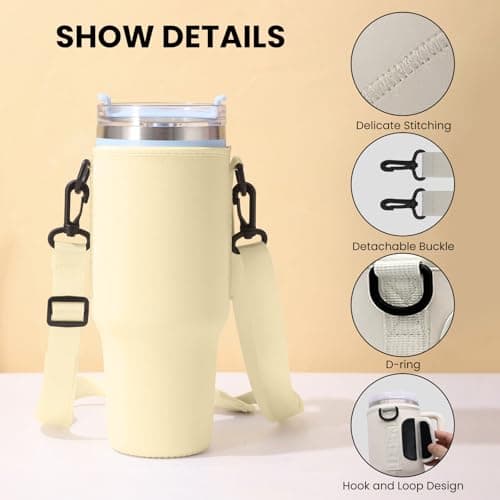Lafefe Water Bottle Carrier Cover Bag, Stanley 40 Oz Tumbler Cup Accessories, 40OZ Bottle Bag, Adjustable Shoulder Strap and Carabiner Clip, for Mountaineering, Travel, Camping, Skin tone — view 4