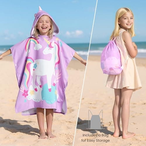 Joiedomi Kids Beach Towels 30"x30" with Hood for Girls, Flamingo Hooded Toddler Bath Towel Poncho Quick Dry Soft Microfiber 30"x30" beach towel for kids — view 2