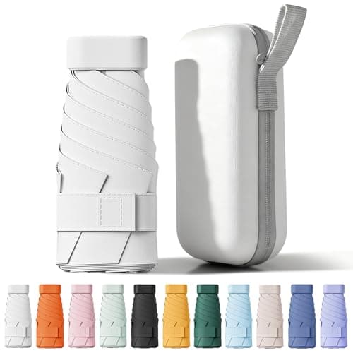FWHFNB Travel Umbrella, Travel Mini Umbrella, Pocket Umbrella, UV Umbrella, UPF 50+, Portable Lightweight Compact, with Storage Box, for Men and Women (White)