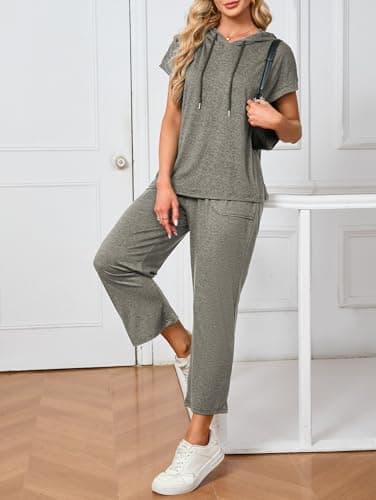 Famulily 2 Piece Sets for Women Casual Summer Travel Outfits Short Sleeve Hoodies &Lounge Cropped Pants Grey Coffee L — view 3