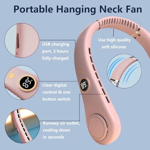 Bladeless Neck Fan, USB Rechargeable Hands-Free Portable Fans with LED Display, 5 Speeds Operated Adjustable 360° Airflow Cooling Wearable Fan for Men Women Sporting Travelling Working (Pink) — view 4