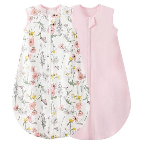 Duomiaomiao Baby Sleeping Bag 2 Pack 0.5 Tog Sleep Sack, Baby Summer Sleeping Bag 100% Cotton Baby Wearable Blanket Unisex Toddler Newborn Sleep Bag 0-6 Months, Flower&Pink