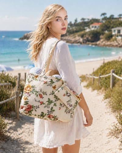 Lightweight Floral Canvas Tote with Free Purse, Shoulder Shopping & Travel Beach Bag for Women (Red, L) — view 2