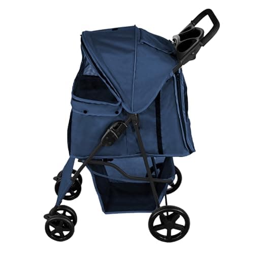 Pet Stroller Pushchair Navy Blue Carrier Foldable Trolley Travel Cart 15kg Capacity 4 Wheels Brakes Cat Dog Safety Hook Leash Cushion Canopy Mesh Windows Basket Cup Holders & Waterproof Rain Cover — view 2
