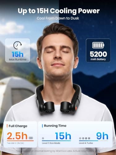Warmco Portable Neck Fan with 5200mAh Battery and LED Display — view 3