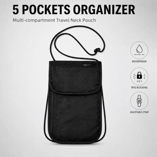 Jenck RFID Neck Wallet for Traveling Anti-Theft Hidden Passport Crossbody Bag (Black) — view 3