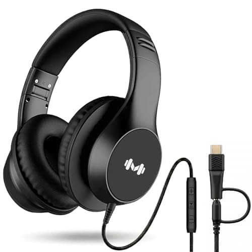 Zollexa Wired Over-Ear Headphones, Mic, 3.5mm Jack, USB-C Adapter, Black