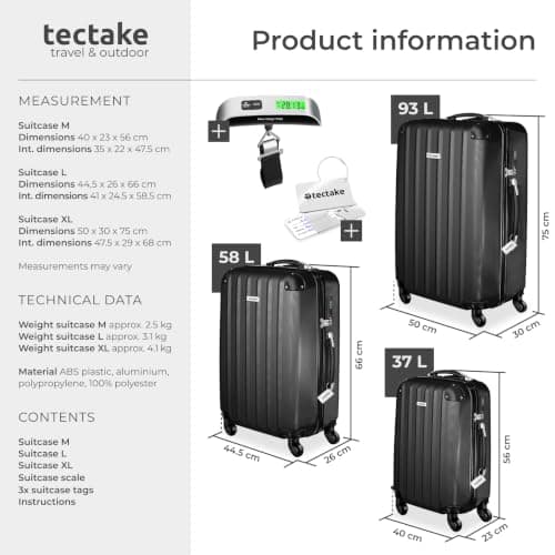 tectake® 3-Piece Hard Shell Suitcase Set in Durable & Shock-Resistant ABS with 3-Step, Telescopic Handles, Combination Locks, Smooth 360° Wheels, Luggage Scale & Tags, Dividable Interiors - Black — view 6